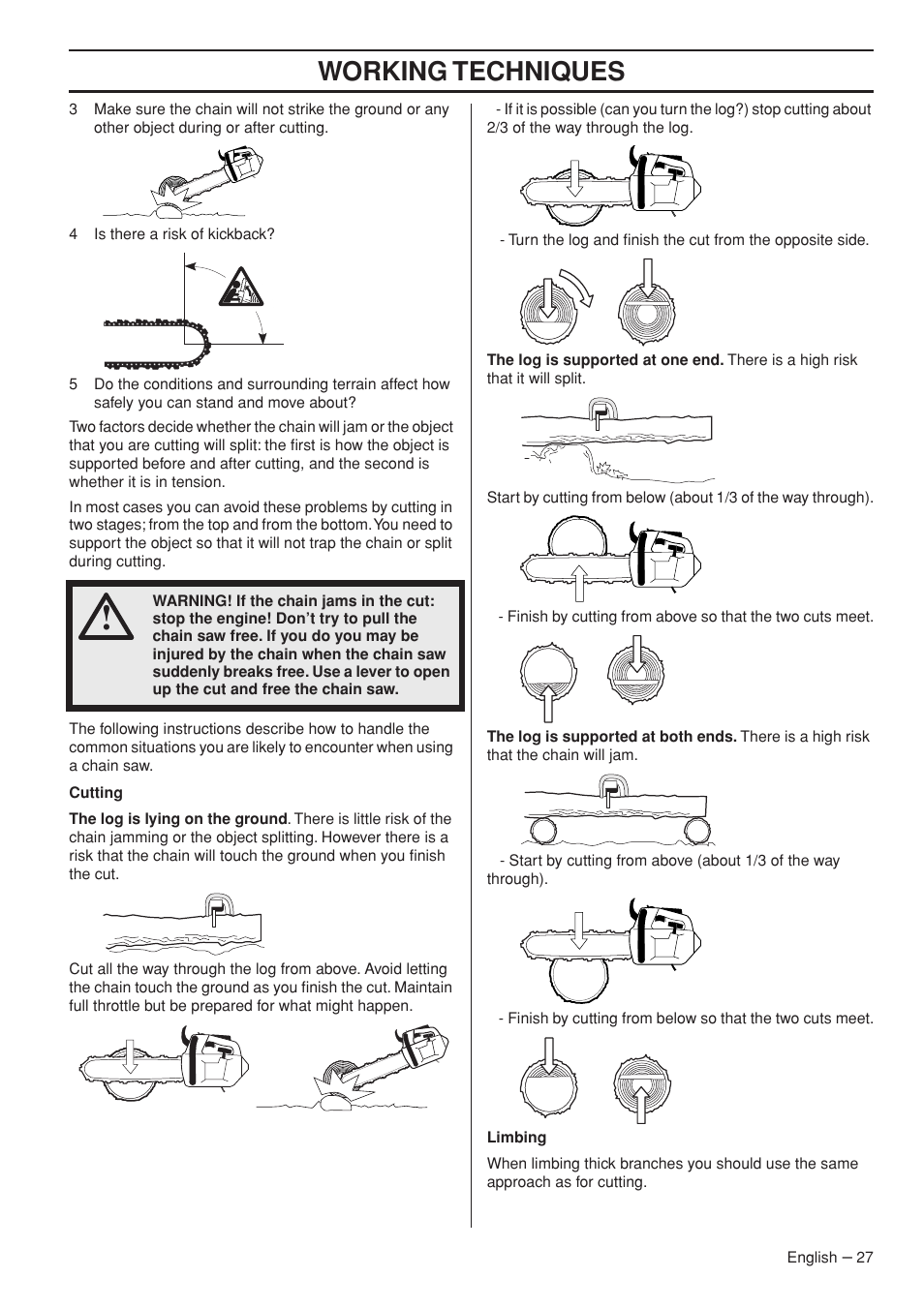 Working techniques | Husqvarna Chainsaw T435 User Manual | Page 27 / 140