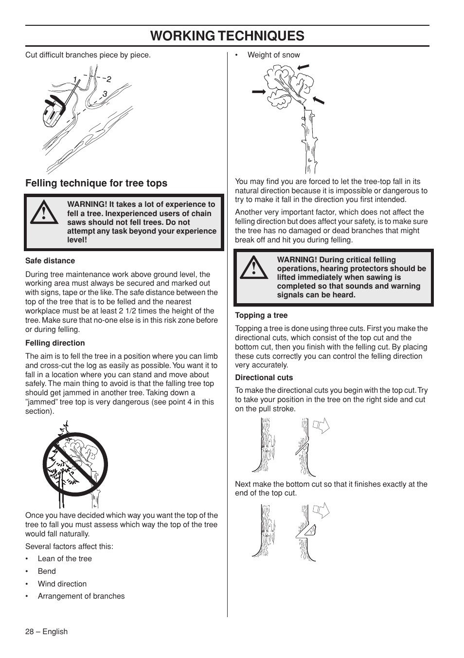 Working techniques | Husqvarna Chainsaw T435 User Manual | Page 28 / 140