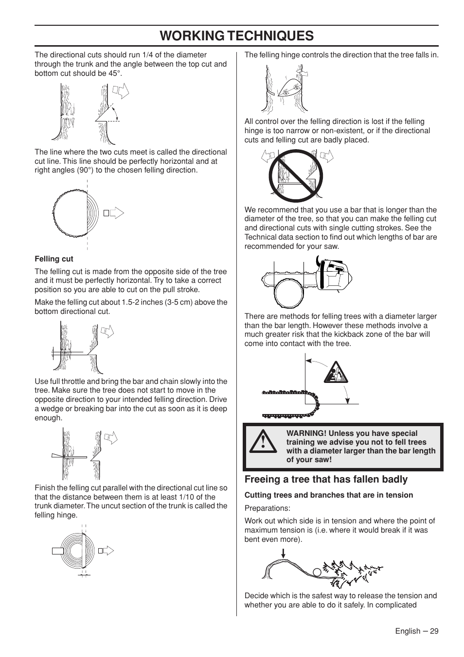Working techniques | Husqvarna Chainsaw T435 User Manual | Page 29 / 140