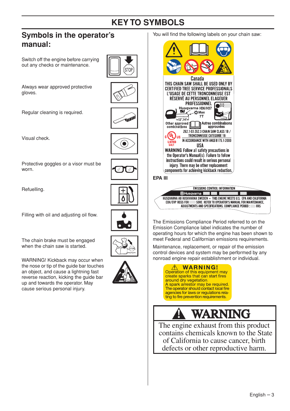 Key to symbols, Symbols in the operator’s manual | Husqvarna Chainsaw T435 User Manual | Page 3 / 140