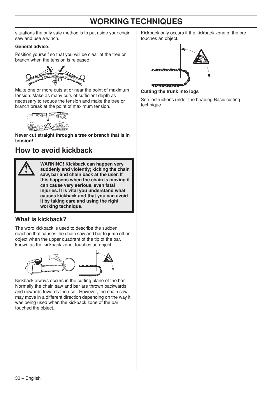 Working techniques, How to avoid kickback | Husqvarna Chainsaw T435 User Manual | Page 30 / 140