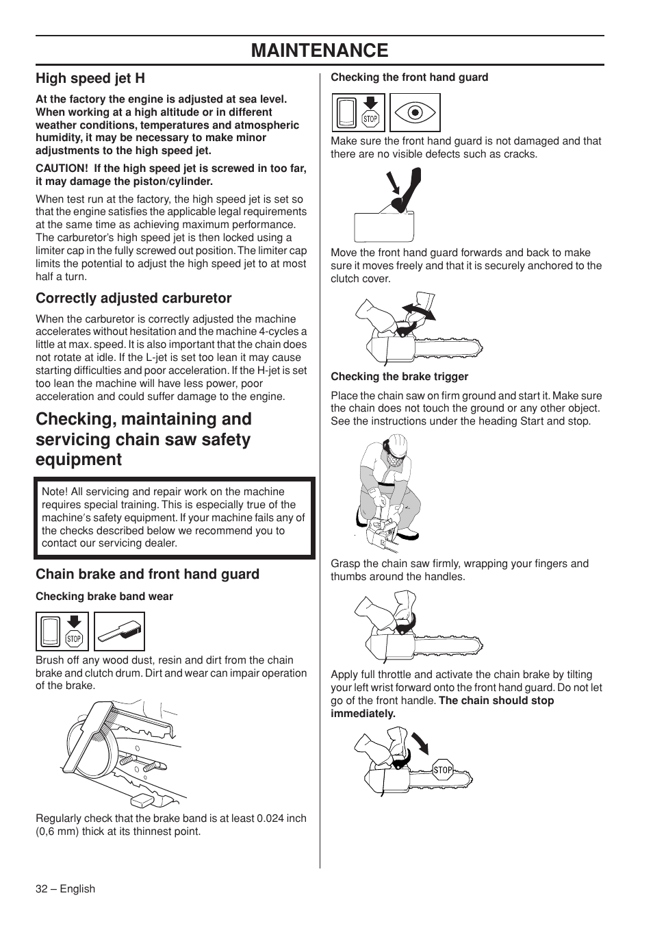 Maintenance | Husqvarna Chainsaw T435 User Manual | Page 32 / 140