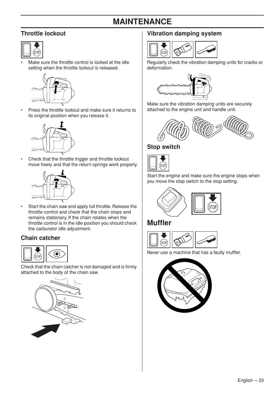 Maintenance, Muffler | Husqvarna Chainsaw T435 User Manual | Page 33 / 140