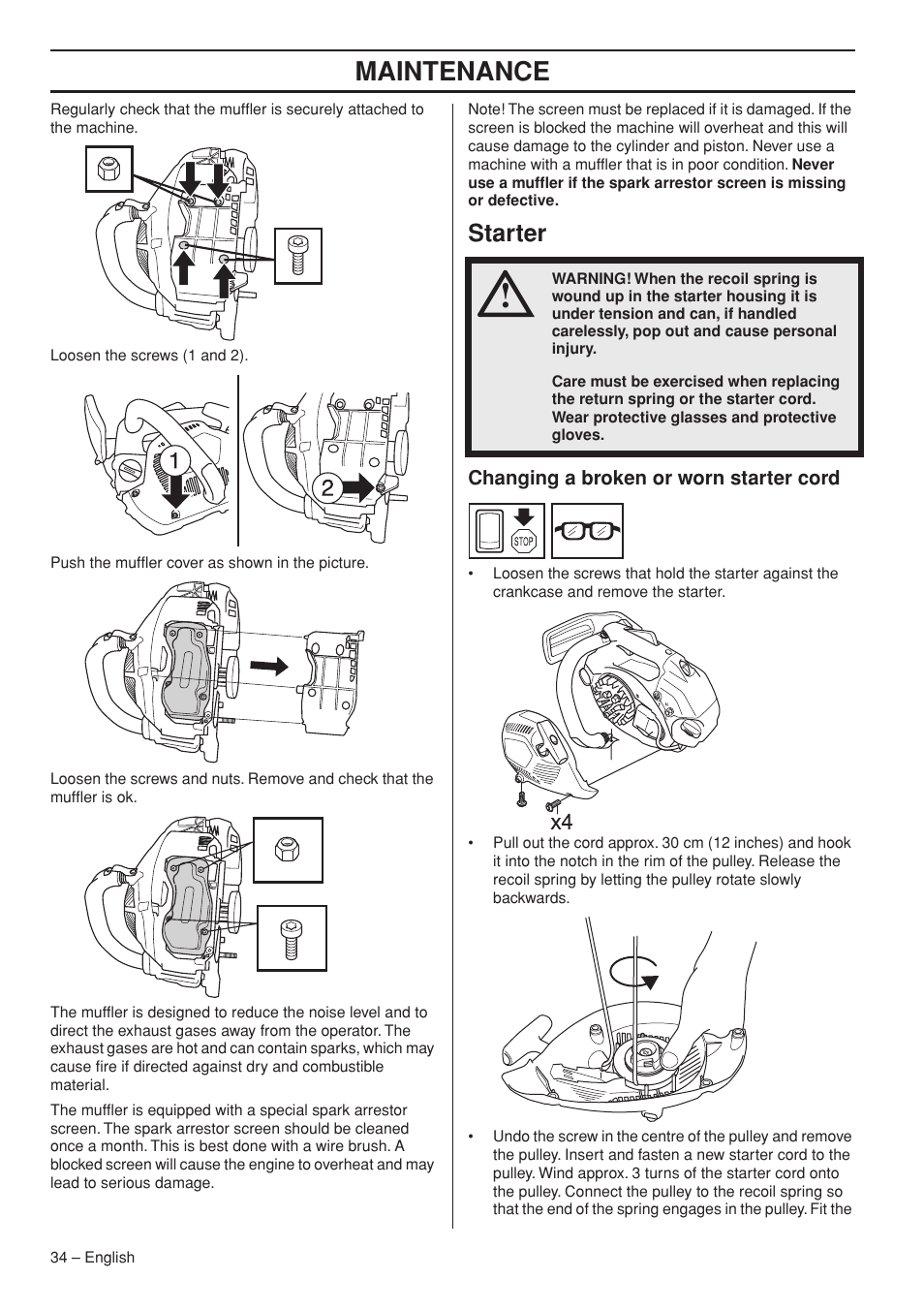 Maintenance, Starter | Husqvarna Chainsaw T435 User Manual | Page 34 / 140