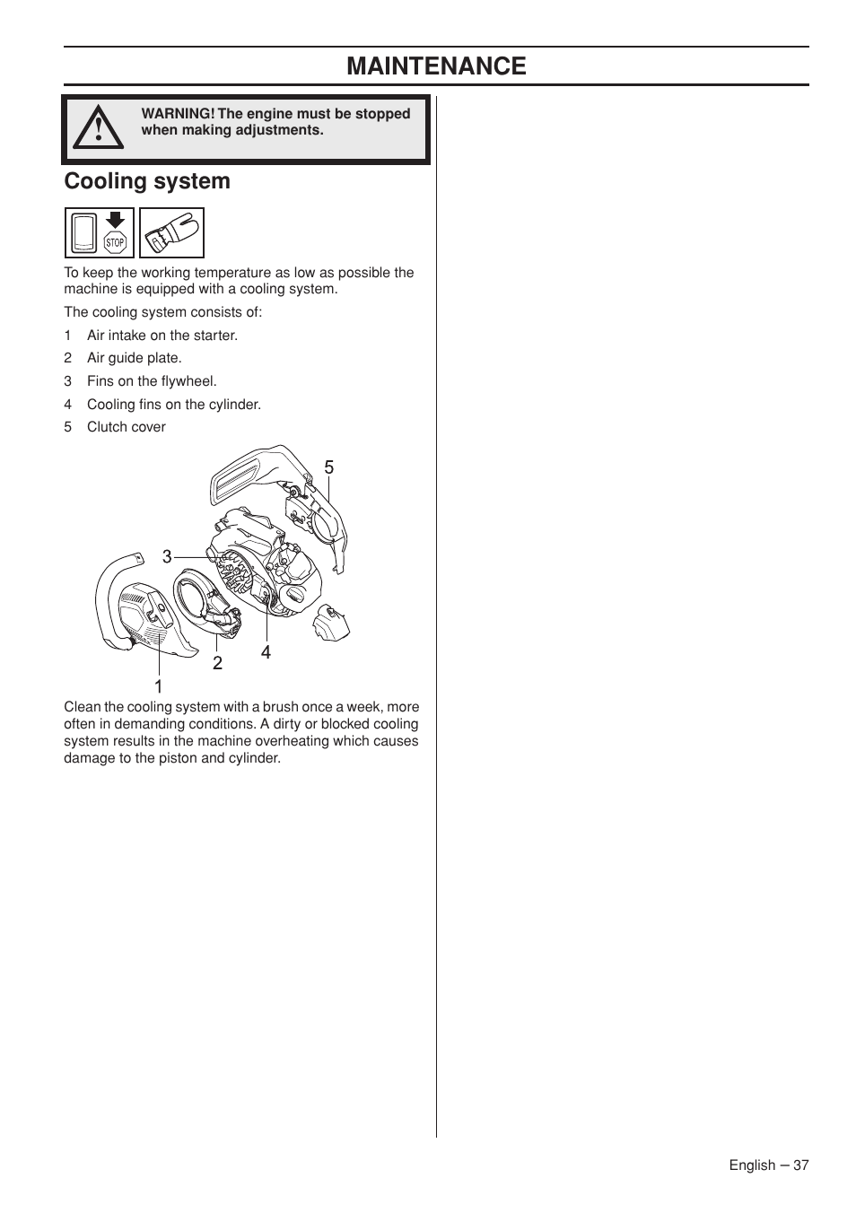 Maintenance, Cooling system | Husqvarna Chainsaw T435 User Manual | Page 37 / 140