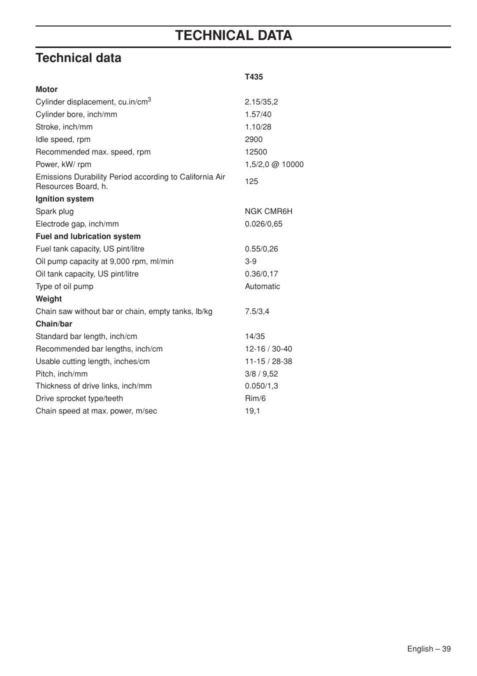 Maintenance, Technical data | Husqvarna Chainsaw T435 User Manual | Page 39 / 140