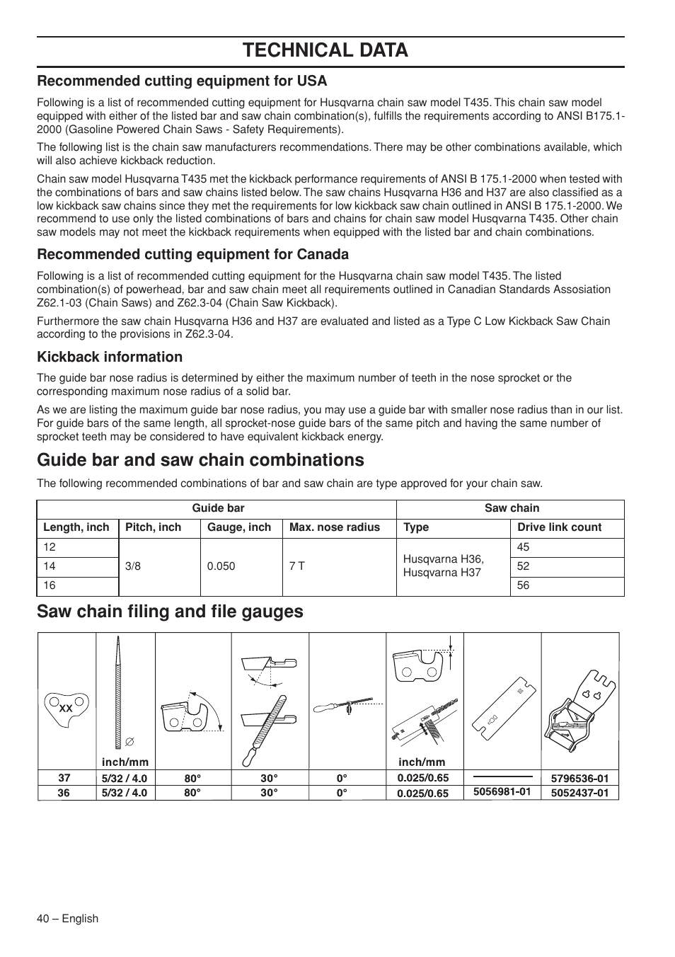 Maintenance, Technical data, Guide bar and saw chain combinations | Saw chain filing and file gauges | Husqvarna Chainsaw T435 User Manual | Page 40 / 140