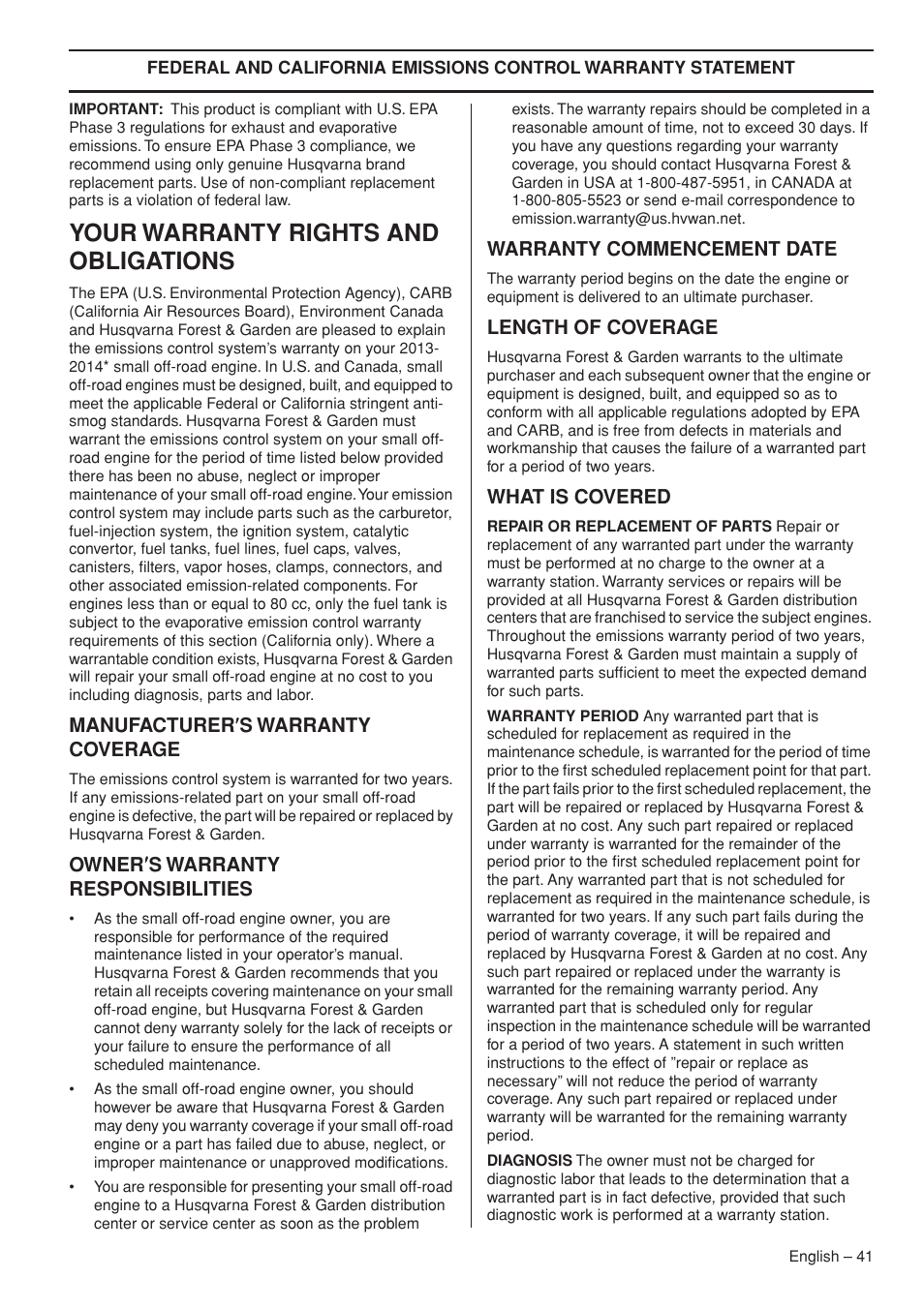Your warranty rights and obligations | Husqvarna Chainsaw T435 User Manual | Page 41 / 140