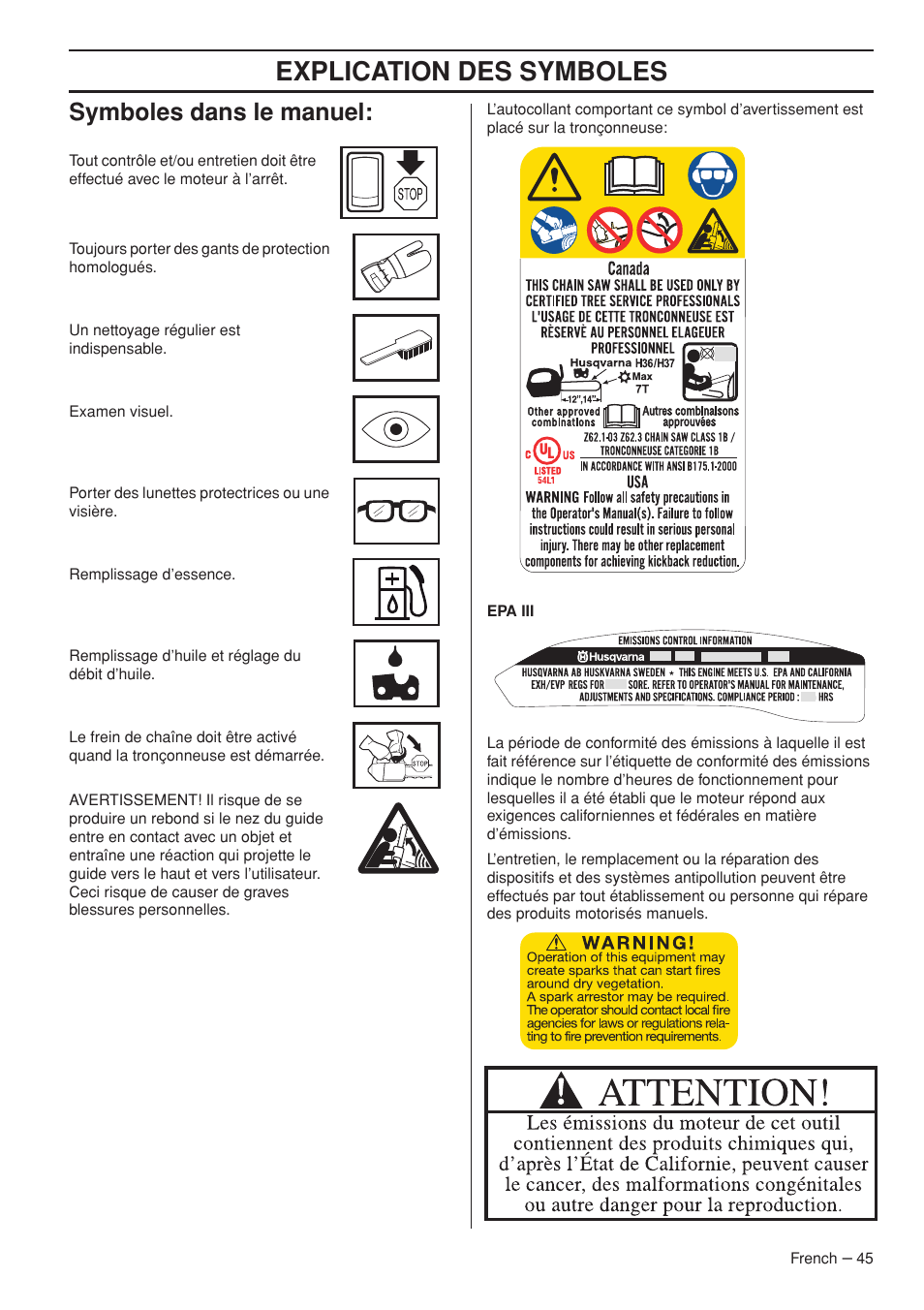 Explication des symboles, Symboles dans le manuel | Husqvarna Chainsaw T435 User Manual | Page 45 / 140