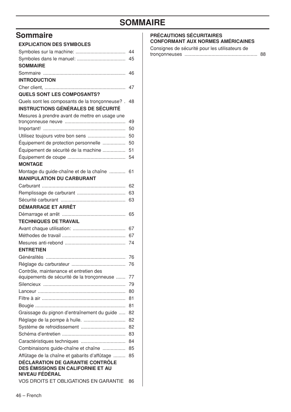 Sommaire | Husqvarna Chainsaw T435 User Manual | Page 46 / 140