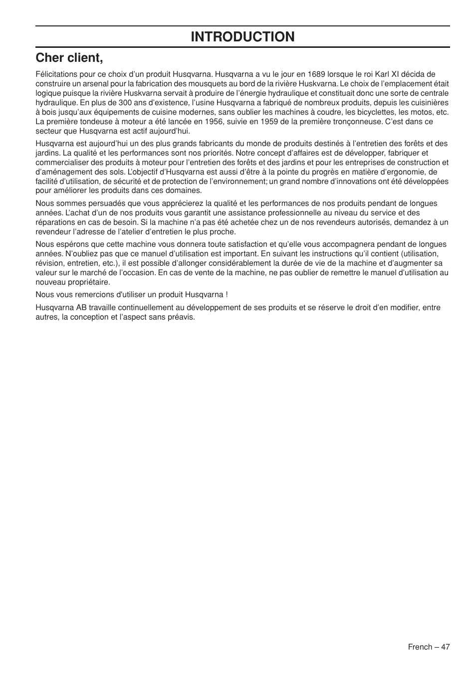 Introduction, Cher client | Husqvarna Chainsaw T435 User Manual | Page 47 / 140