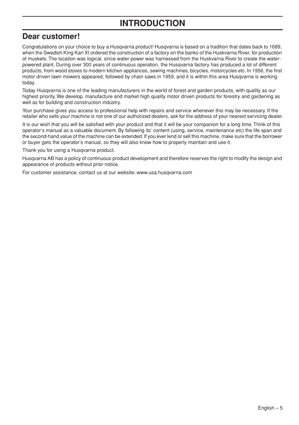 Introduction, Dear customer | Husqvarna Chainsaw T435 User Manual | Page 5 / 140