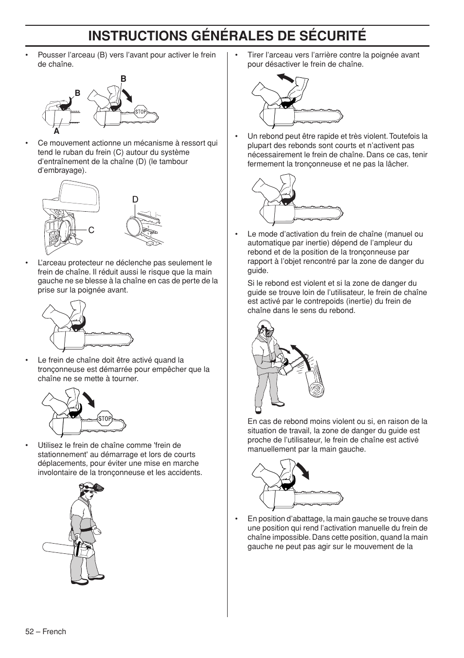 Instructions générales de sécurité | Husqvarna Chainsaw T435 User Manual | Page 52 / 140