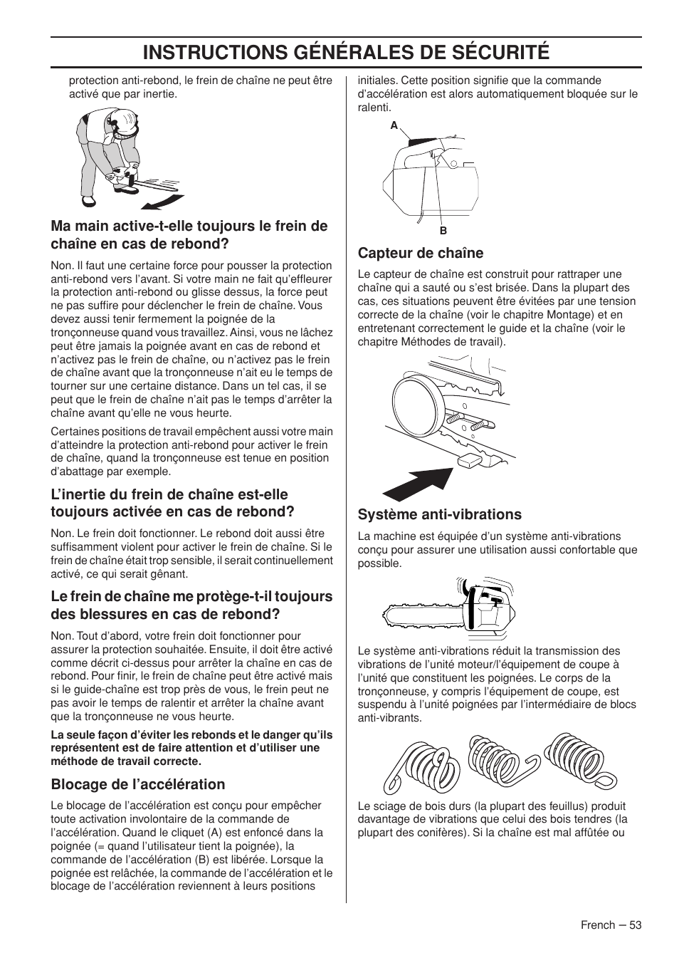 Instructions générales de sécurité | Husqvarna Chainsaw T435 User Manual | Page 53 / 140