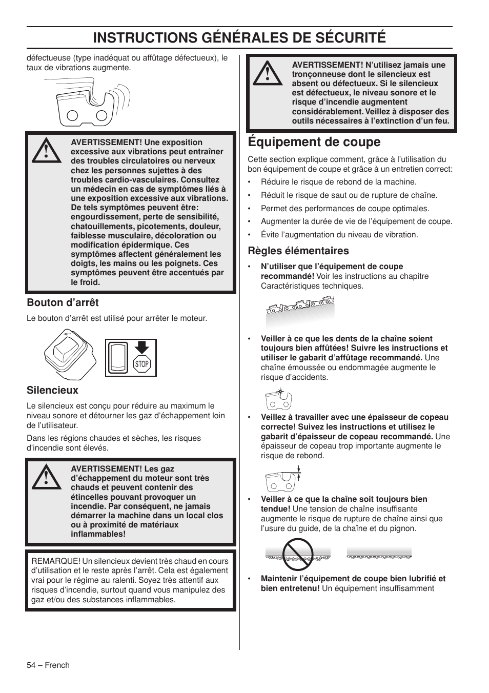 Instructions générales de sécurité, Équipement de coupe | Husqvarna Chainsaw T435 User Manual | Page 54 / 140