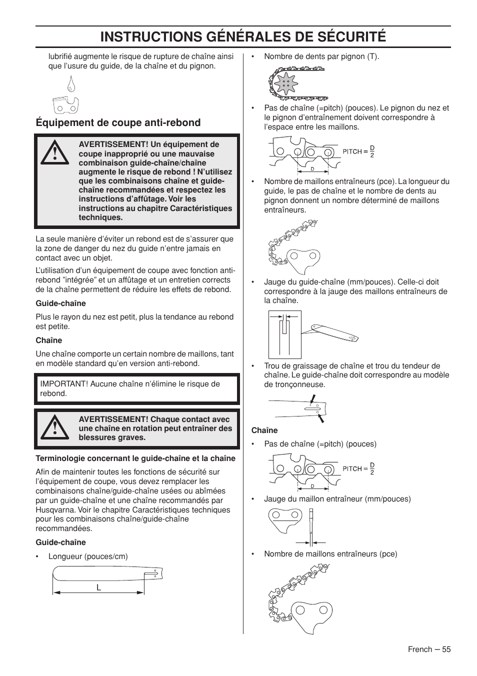 Instructions générales de sécurité | Husqvarna Chainsaw T435 User Manual | Page 55 / 140