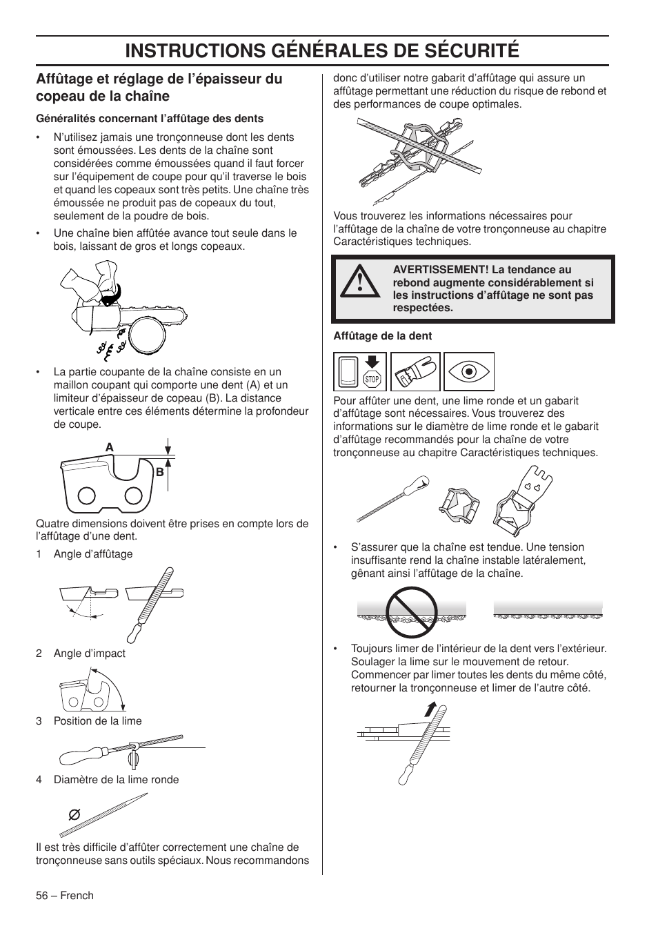 Instructions générales de sécurité | Husqvarna Chainsaw T435 User Manual | Page 56 / 140