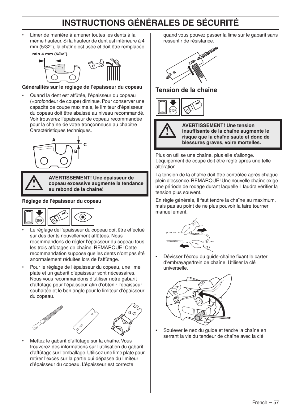 Instructions générales de sécurité | Husqvarna Chainsaw T435 User Manual | Page 57 / 140