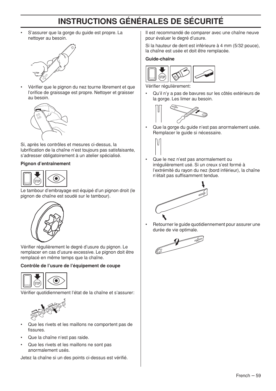 Instructions générales de sécurité | Husqvarna Chainsaw T435 User Manual | Page 59 / 140