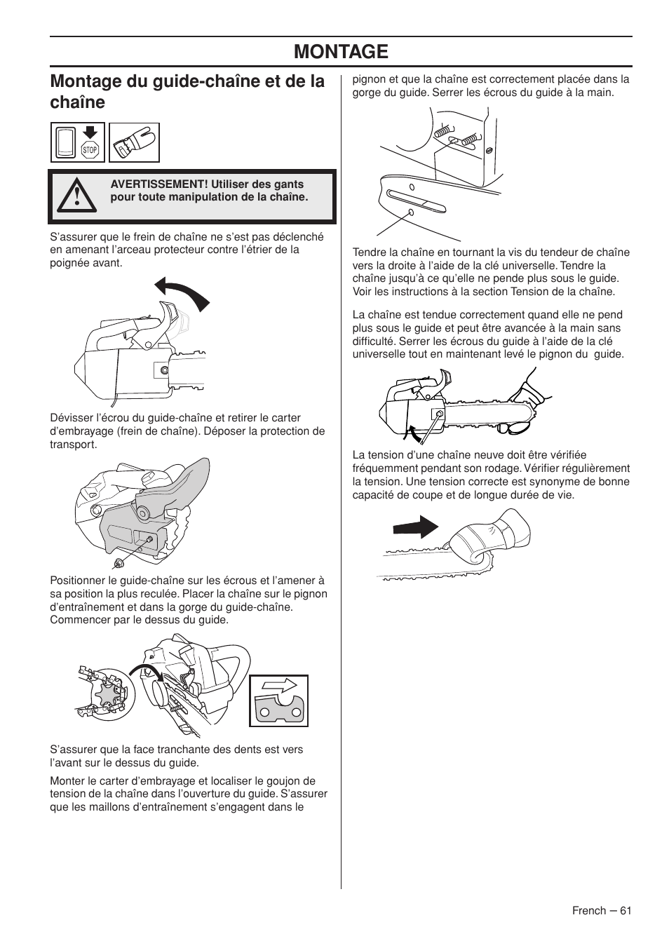 Montage, Montage du guide-chaîne et de la chaîne | Husqvarna Chainsaw T435 User Manual | Page 61 / 140