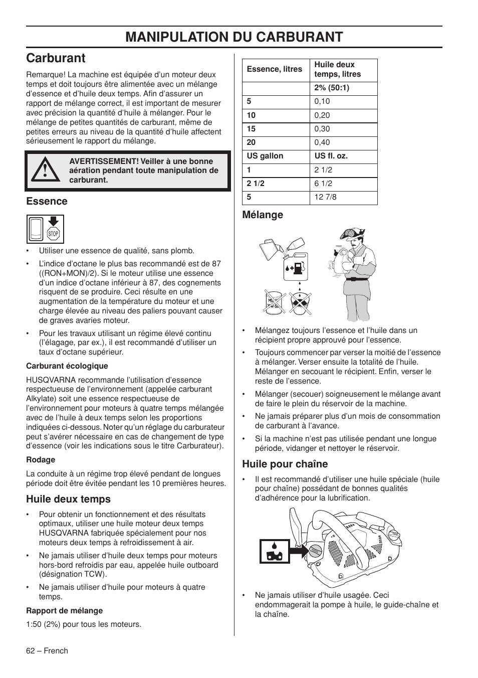 Manipulation du carburant, Carburant, Essence | Huile deux temps, Mélange, Huile pour chaîne | Husqvarna Chainsaw T435 User Manual | Page 62 / 140