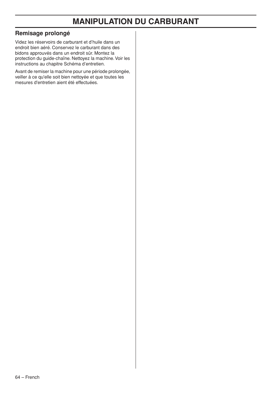 Manipulation du carburant | Husqvarna Chainsaw T435 User Manual | Page 64 / 140