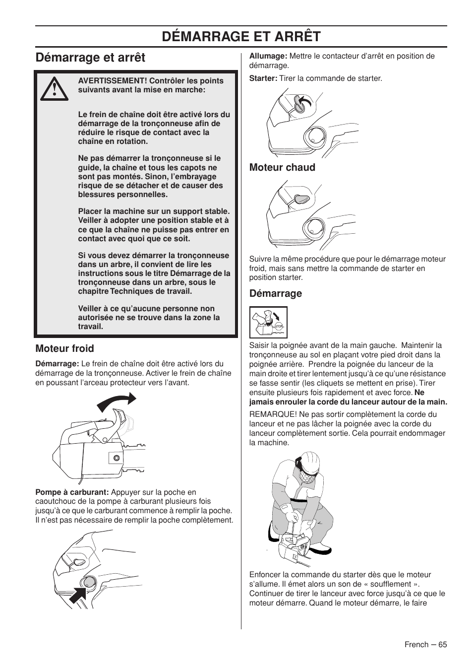 Démarrage et arrêt | Husqvarna Chainsaw T435 User Manual | Page 65 / 140