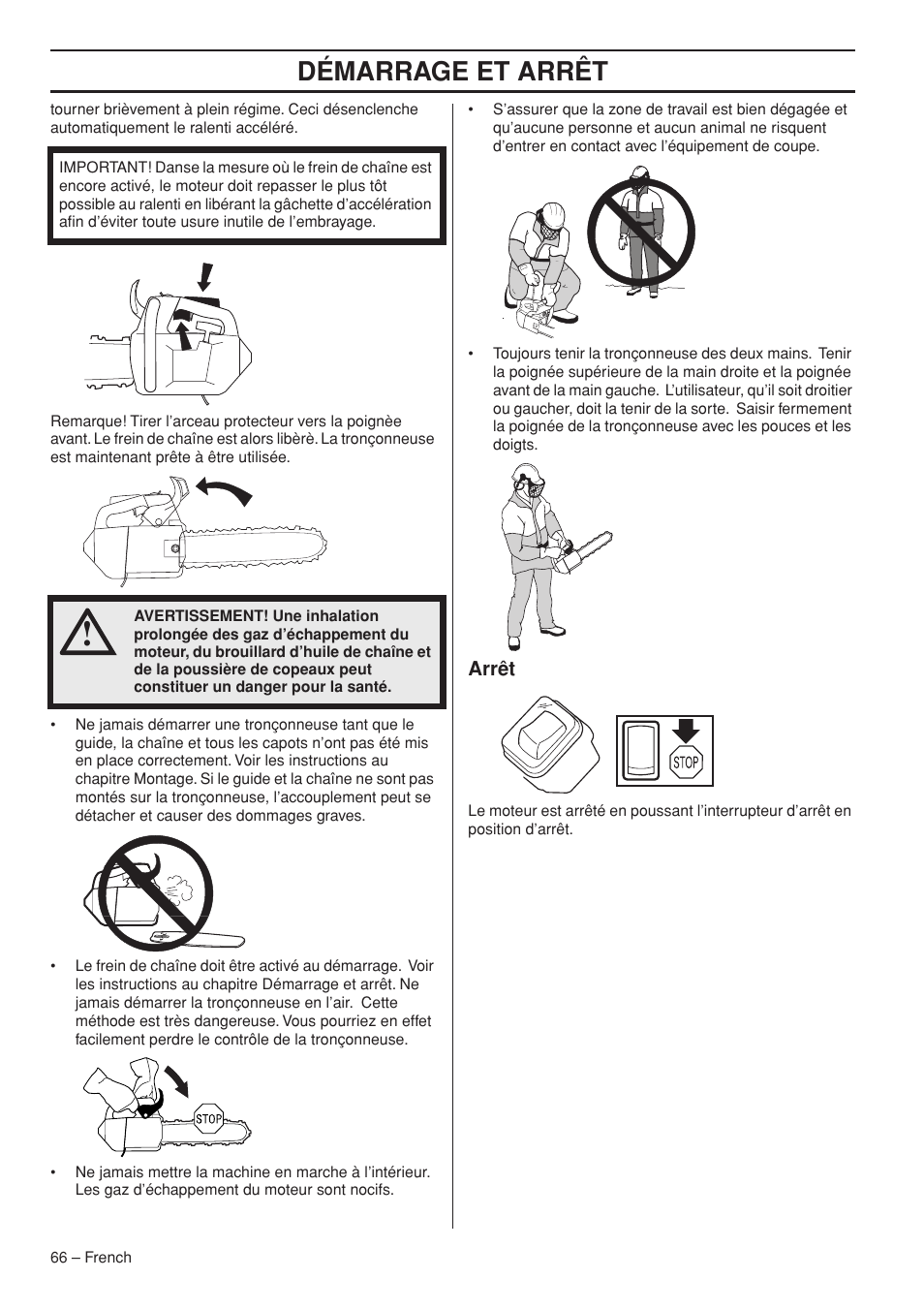 Démarrage et arrêt | Husqvarna Chainsaw T435 User Manual | Page 66 / 140