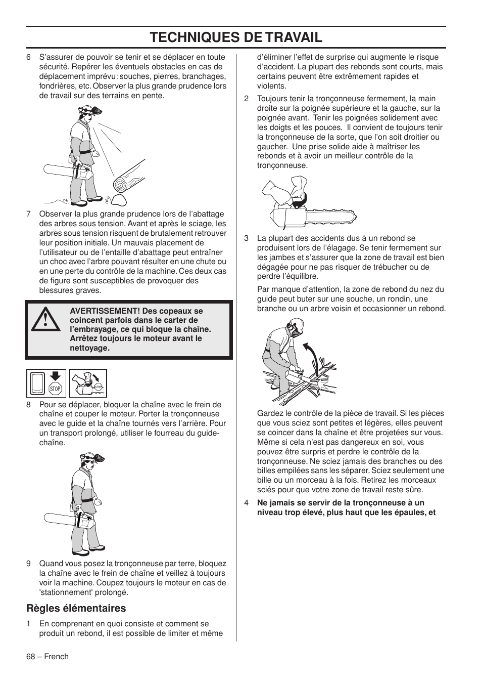 Techniques de travail | Husqvarna Chainsaw T435 User Manual | Page 68 / 140