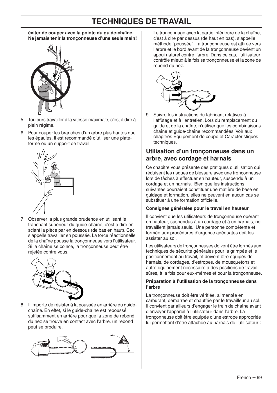 Techniques de travail | Husqvarna Chainsaw T435 User Manual | Page 69 / 140