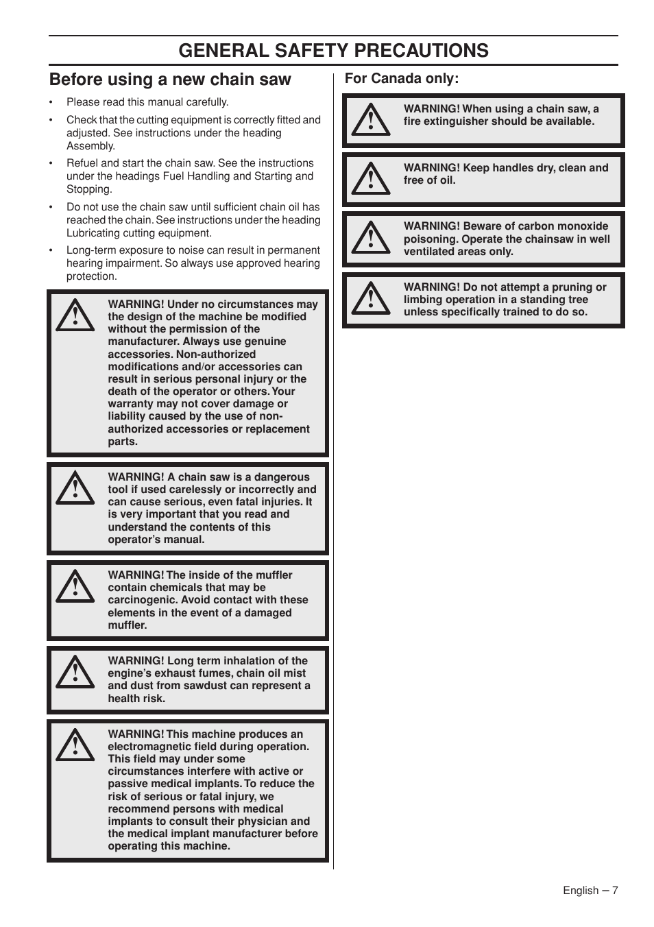 General safety precautions, Before using a new chain saw | Husqvarna Chainsaw T435 User Manual | Page 7 / 140