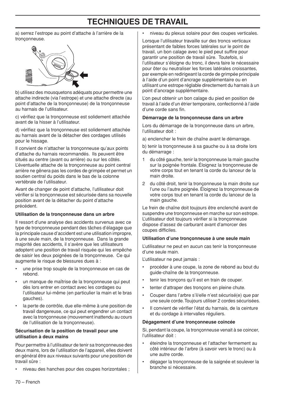 Techniques de travail | Husqvarna Chainsaw T435 User Manual | Page 70 / 140