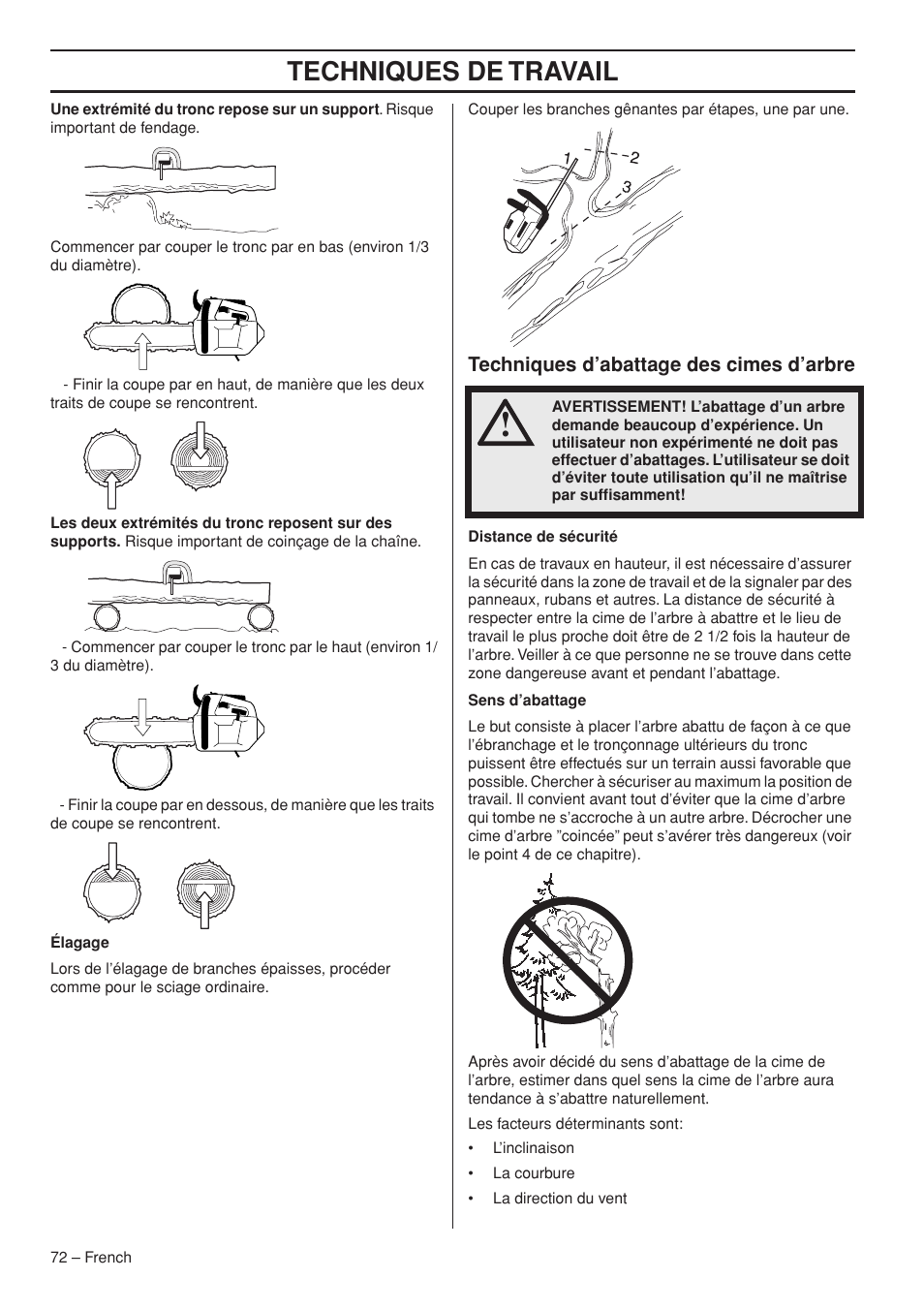 Techniques de travail, Techniques d’abattage des cimes d’arbre | Husqvarna Chainsaw T435 User Manual | Page 72 / 140