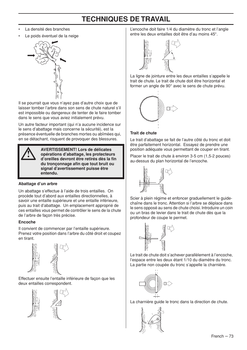 Techniques de travail | Husqvarna Chainsaw T435 User Manual | Page 73 / 140
