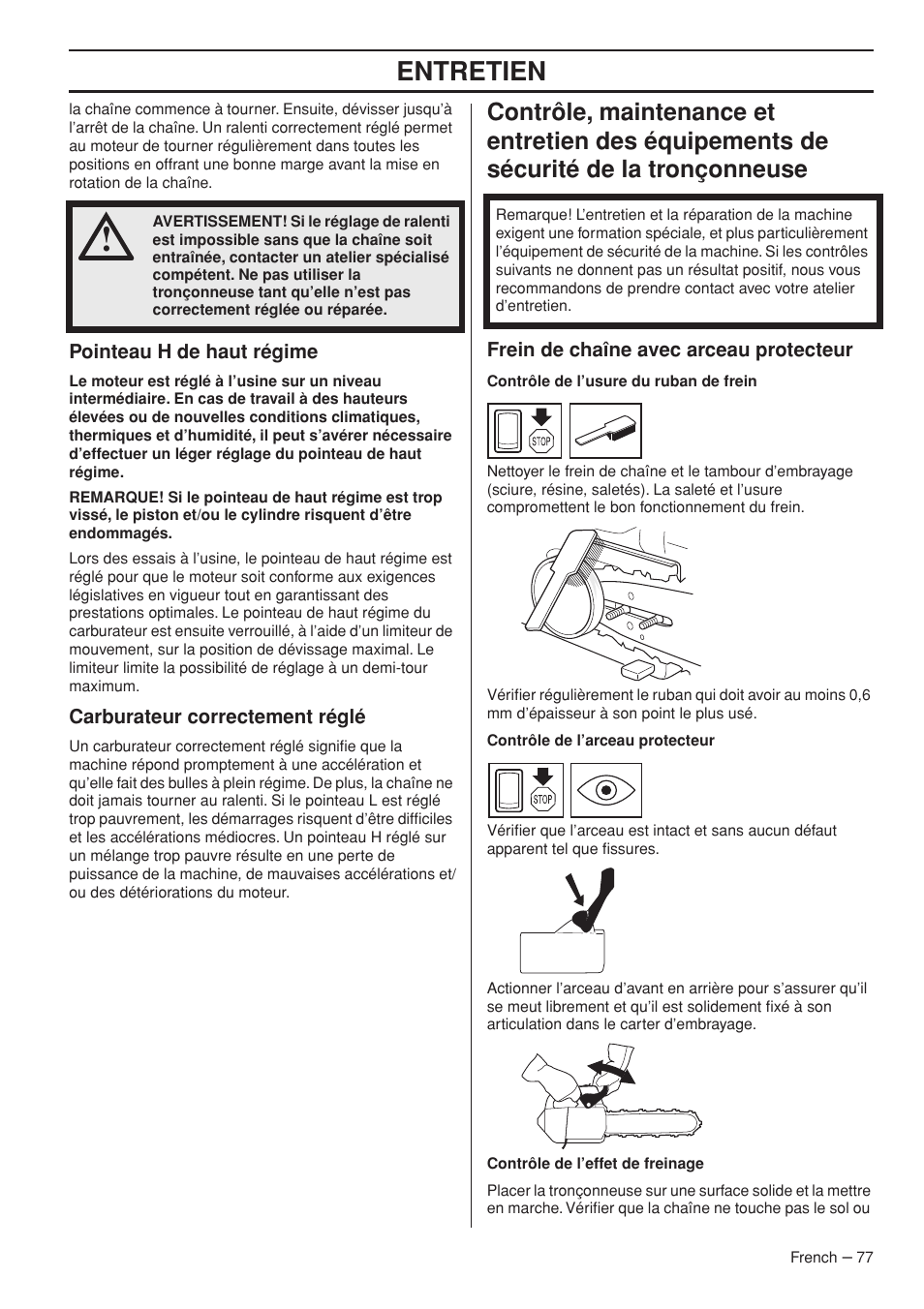 Entretien | Husqvarna Chainsaw T435 User Manual | Page 77 / 140