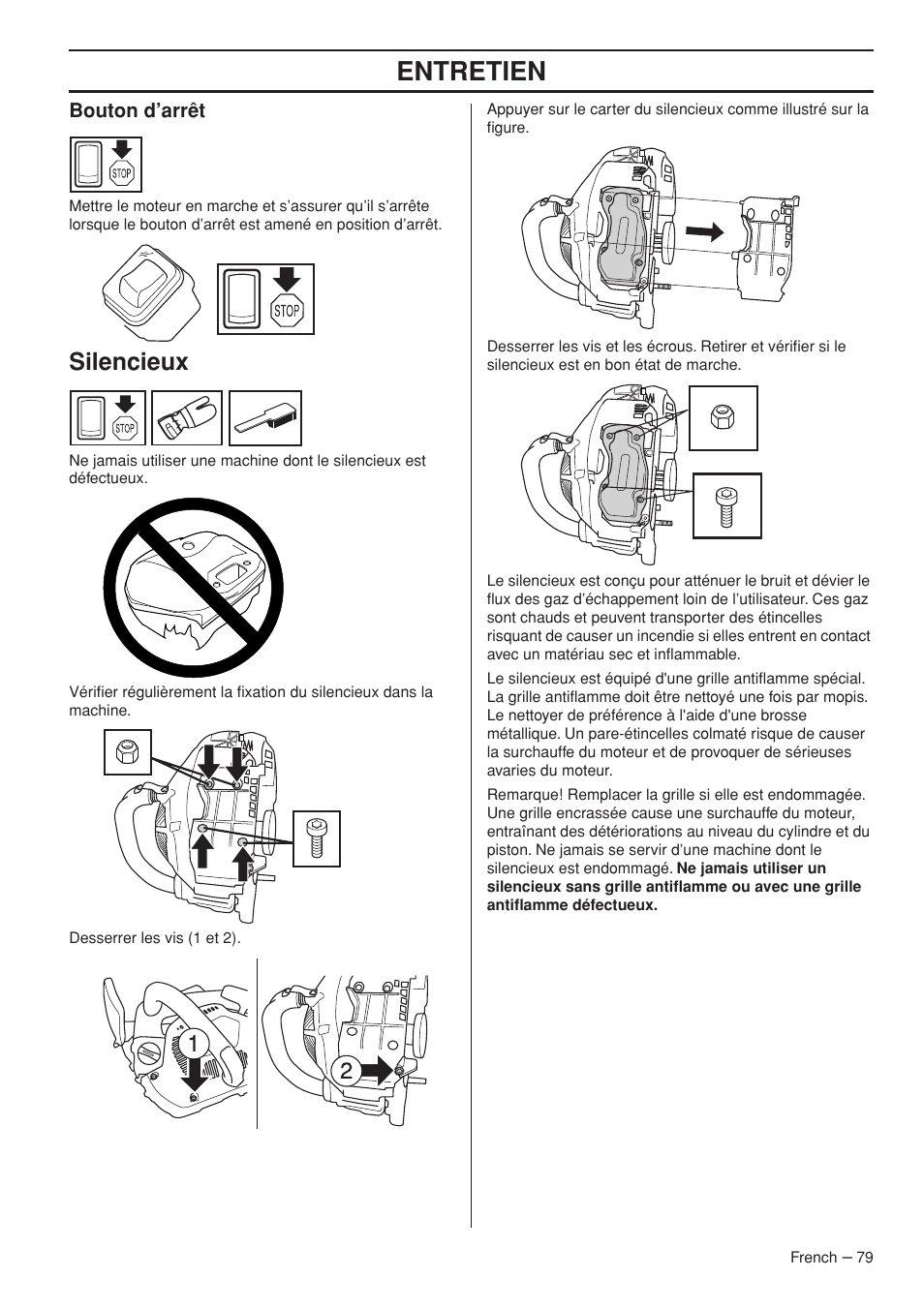 Entretien, Silencieux | Husqvarna Chainsaw T435 User Manual | Page 79 / 140