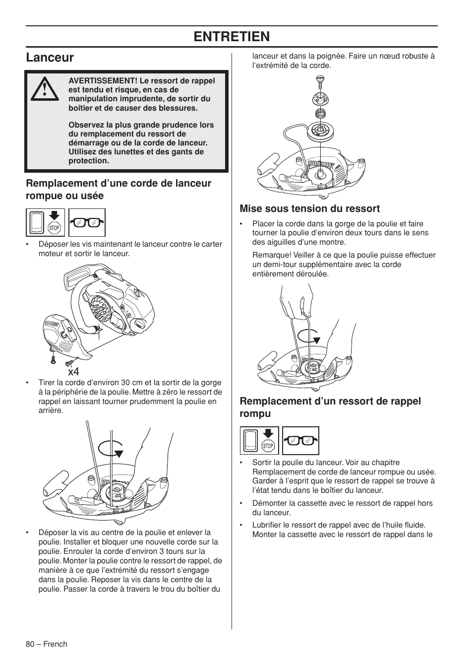 Entretien, Lanceur | Husqvarna Chainsaw T435 User Manual | Page 80 / 140