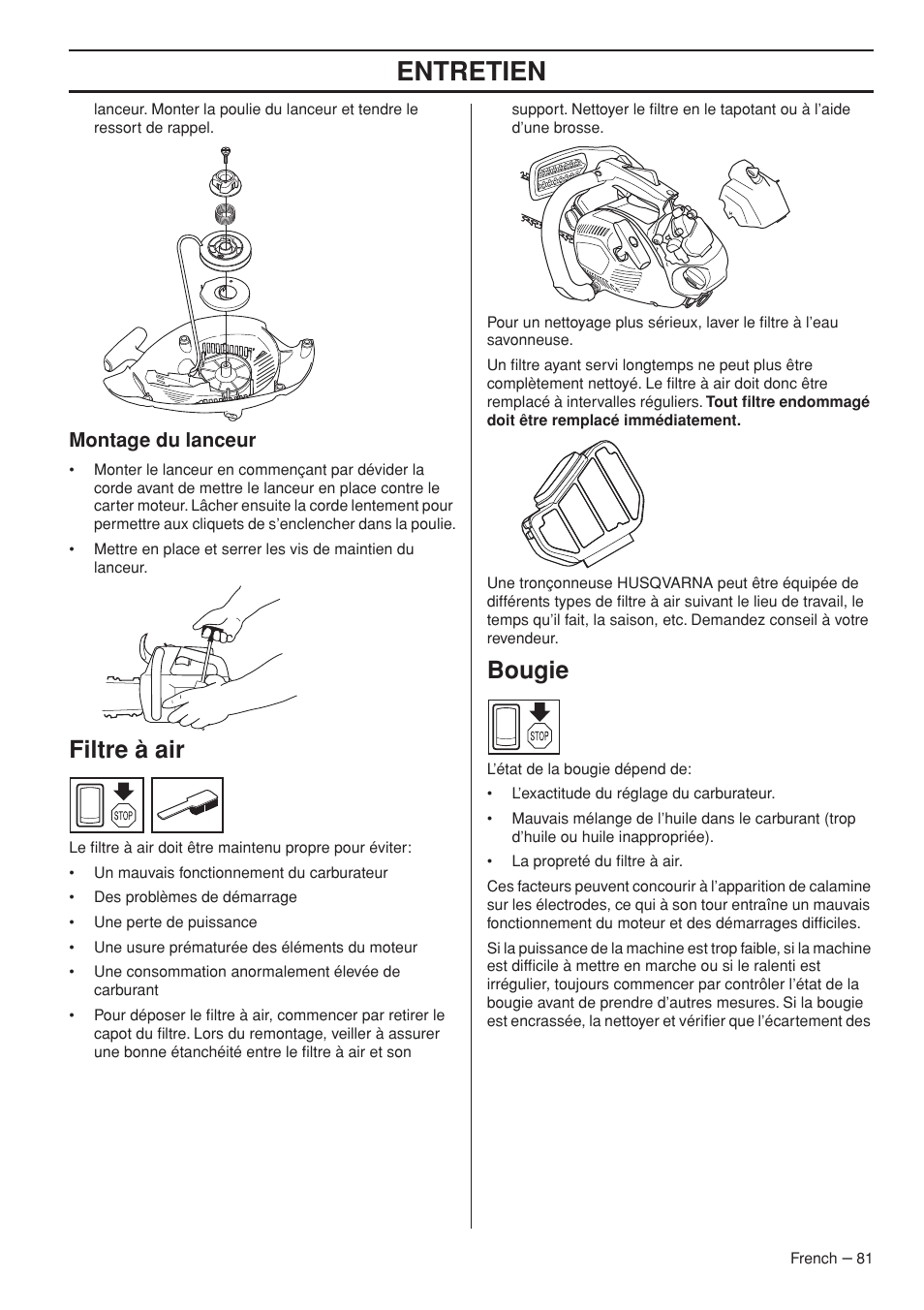 Entretien, Filtre à air, Bougie | Montage du lanceur | Husqvarna Chainsaw T435 User Manual | Page 81 / 140