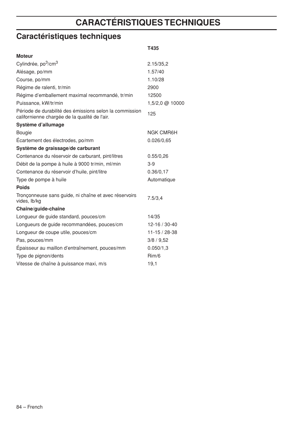 Entretien, Caractéristiques techniques | Husqvarna Chainsaw T435 User Manual | Page 84 / 140