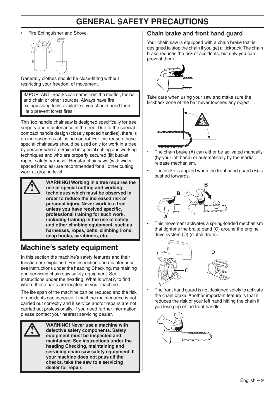 General safety precautions, Machine ′′′′ s safety equipment | Husqvarna Chainsaw T435 User Manual | Page 9 / 140
