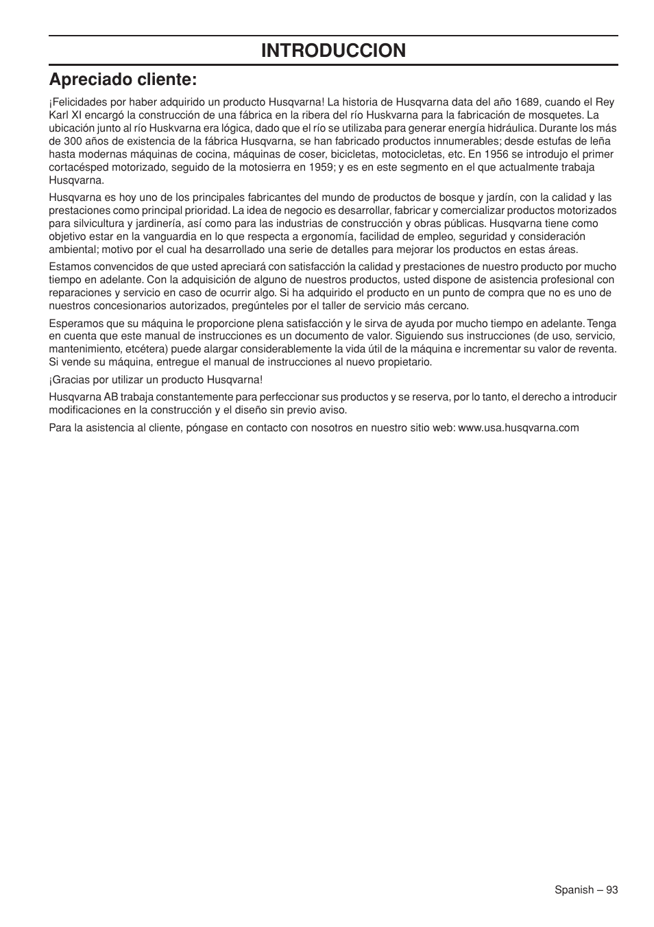 Introduccion, Apreciado cliente | Husqvarna Chainsaw T435 User Manual | Page 93 / 140