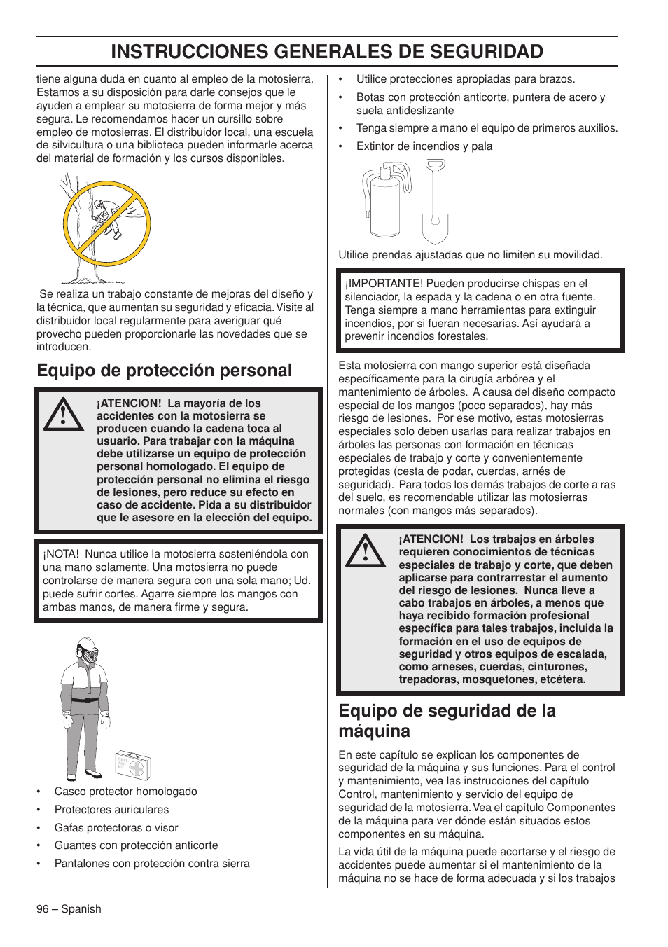 Instrucciones generales de seguridad, Equipo de protección personal, Equipo de seguridad de la máquina | Husqvarna Chainsaw T435 User Manual | Page 96 / 140