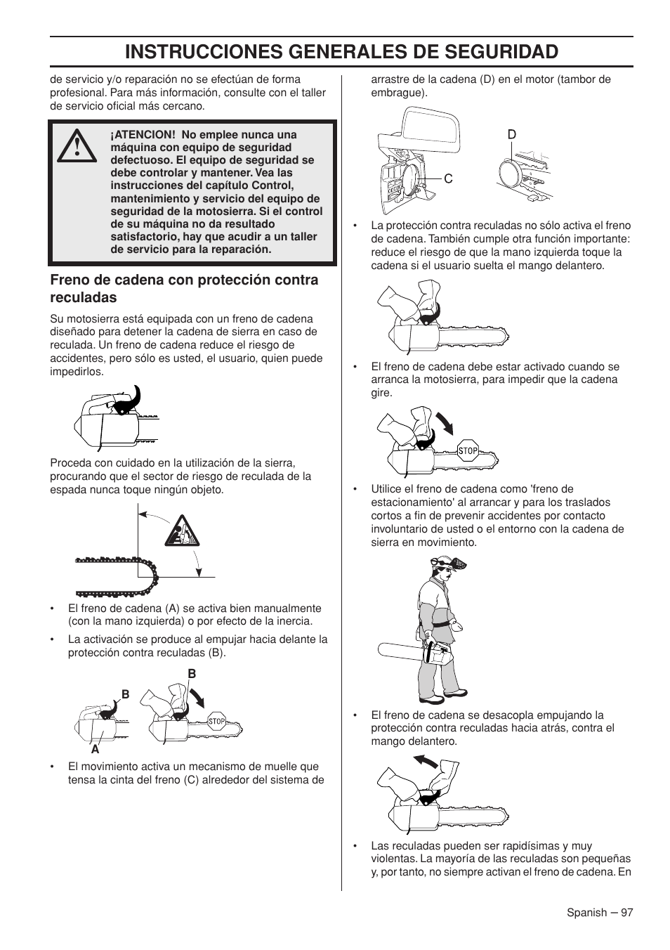 Instrucciones generales de seguridad | Husqvarna Chainsaw T435 User Manual | Page 97 / 140