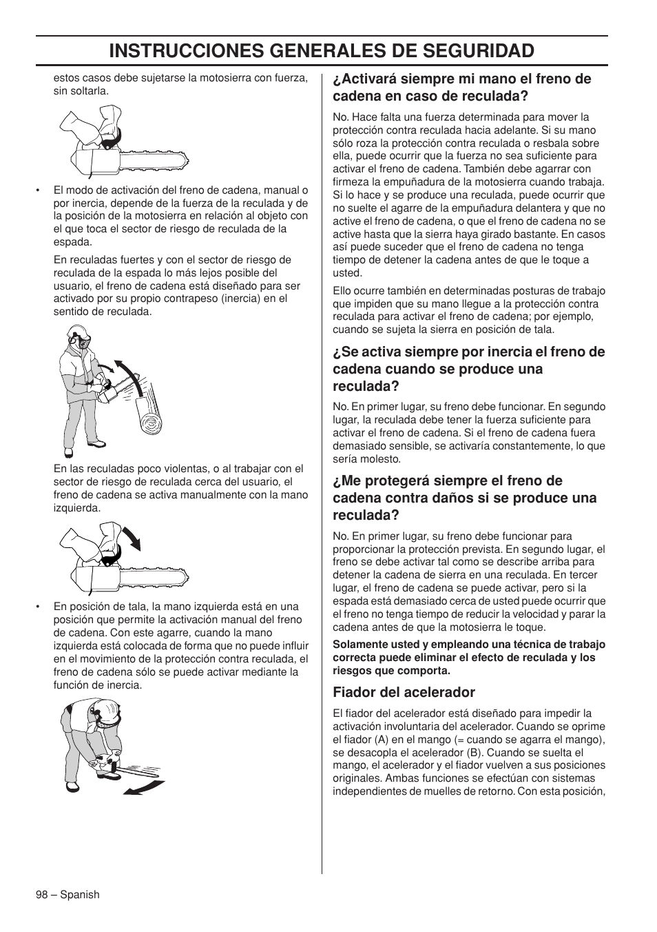 Instrucciones generales de seguridad | Husqvarna Chainsaw T435 User Manual | Page 98 / 140