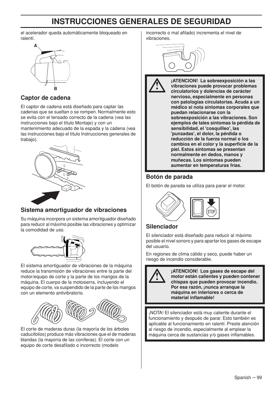 Instrucciones generales de seguridad | Husqvarna Chainsaw T435 User Manual | Page 99 / 140