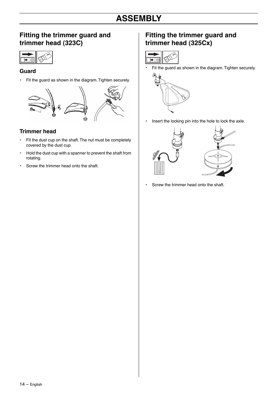 Fitting the trimmer guard and trimmer head, Guard, Trimmer head | Assembly, Fitting the trimmer guard and trimmer head (323c), Fitting the trimmer guard and trimmer head (325cx) | Husqvarna 325LD User Manual | Page 14 / 40
