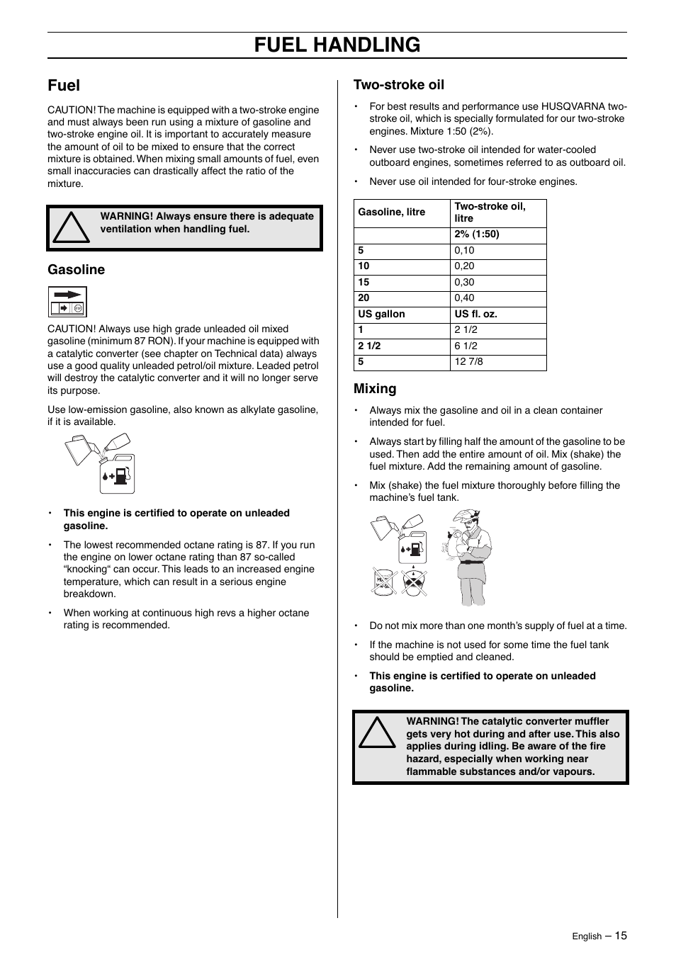 Fuel, Gasoline, Two-stroke oil | Mixing, Fuel handling | Husqvarna 325LD User Manual | Page 15 / 40