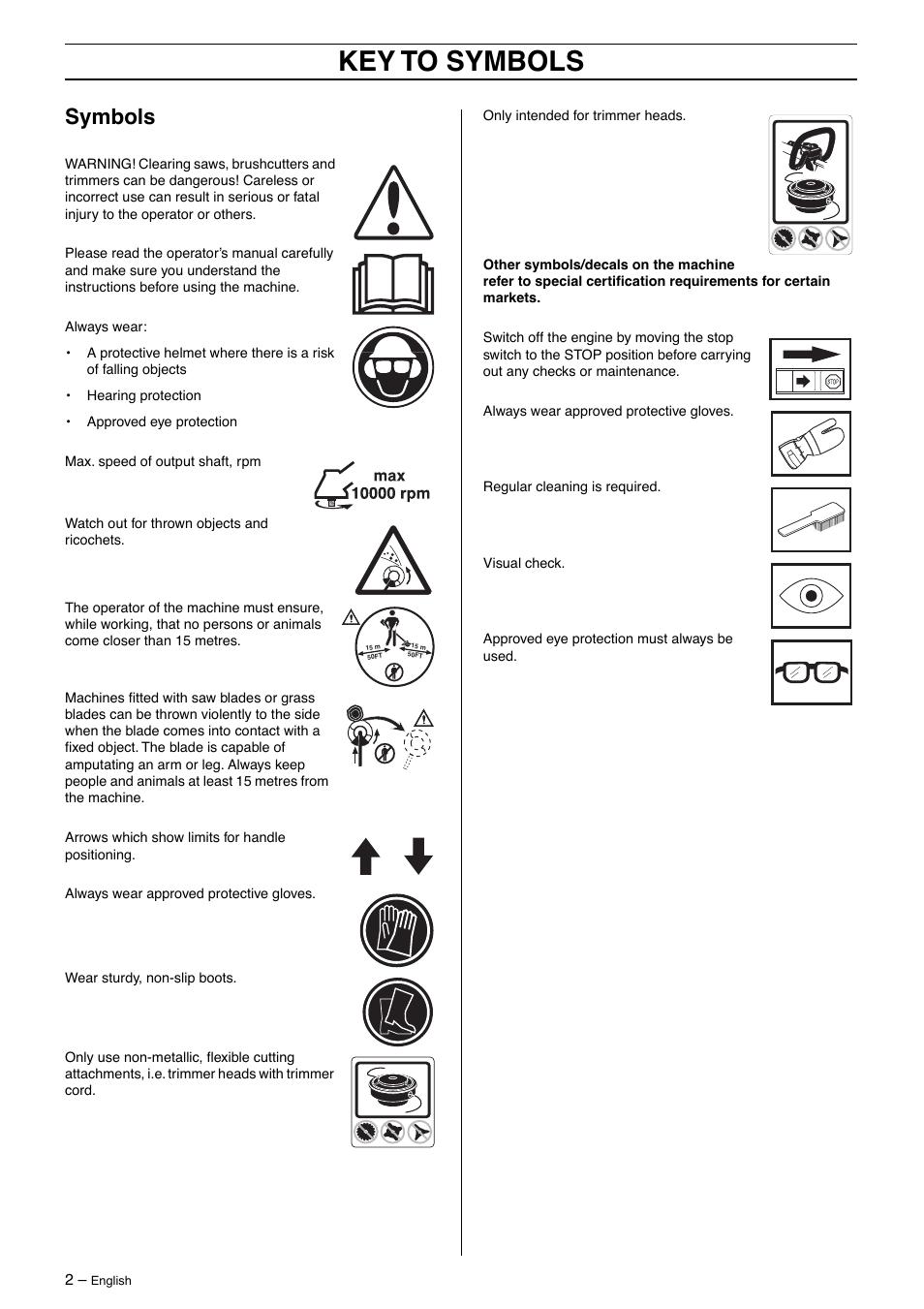 Symbols, Key to symbols | Husqvarna 325LD User Manual | Page 2 / 40