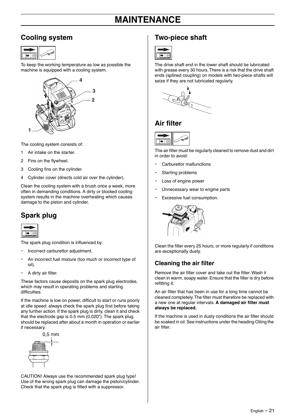 Cooling system, Spark plug, Two-piece shaft | Air filter, Cleaning the air filter, Maintenance, Air ﬁlter, Cleaning the air ﬁlter | Husqvarna 325LD User Manual | Page 21 / 40