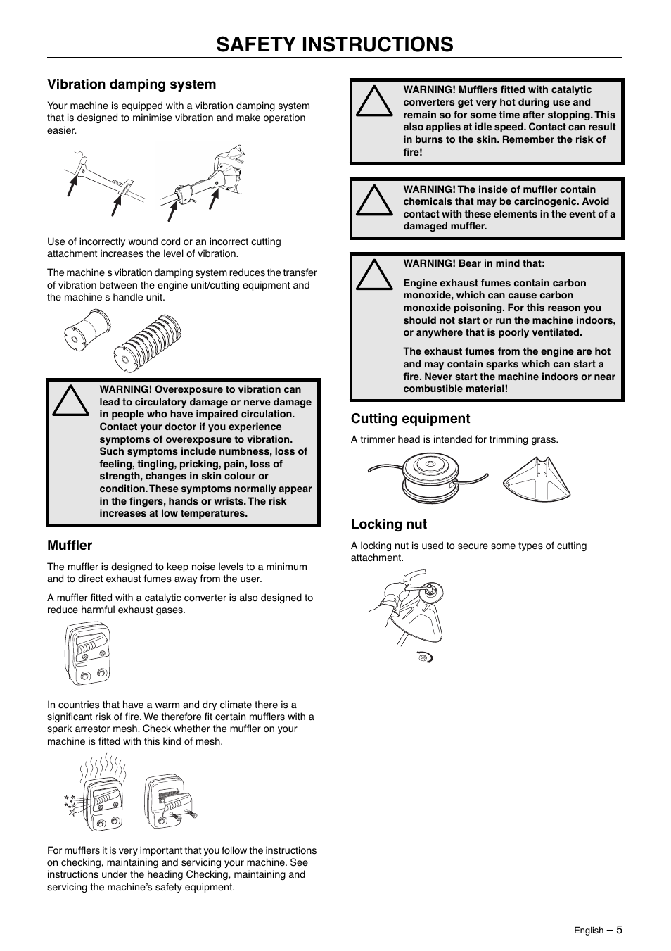Vibration damping system, Muffler, Cutting equipment | Locking nut, Safety instructions | Husqvarna 325LD User Manual | Page 5 / 40